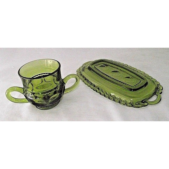 Kings Crown Green Indiana Glass Creamer Dish Thumbprint Butter Replacement Vtg - Picture 4 of 9